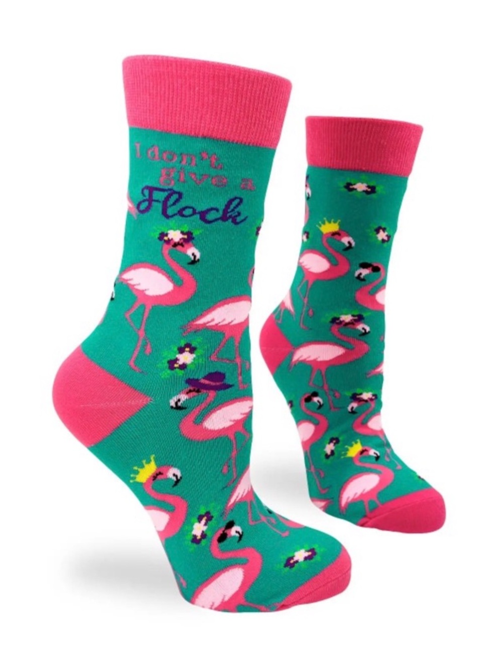 •Don’t Give A Flock• Pink & Green Colorful Flamingo Unisex Novelty Crew Socks